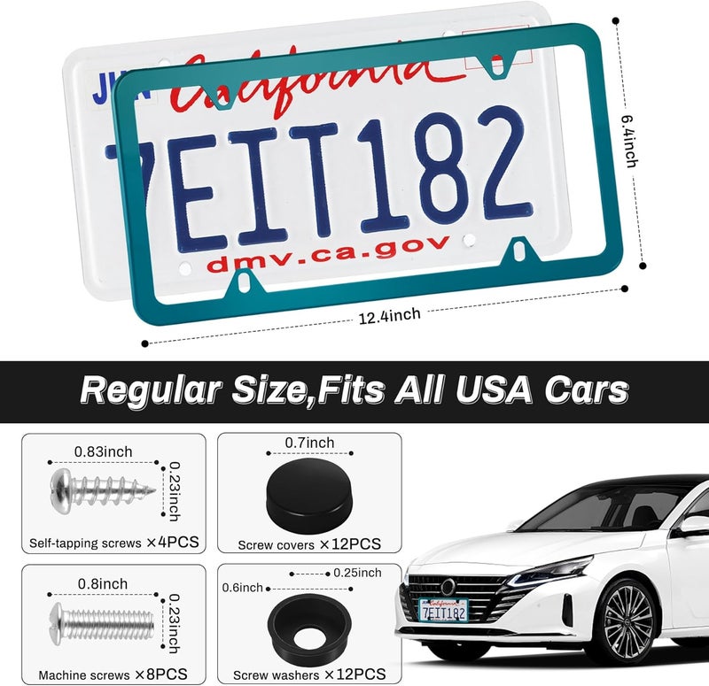 alpmosn 2PCS Stainless Steel License Plate Frames, 4 Holes Car Licence Plate Covers with Screws Washers and Caps, Car Exterior Accessories, License Plate Holder for US Vehicles (Green) - Image 2